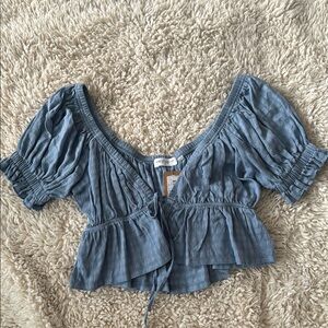 Vestique Blue Puff Sleeve Tie Front Blouse